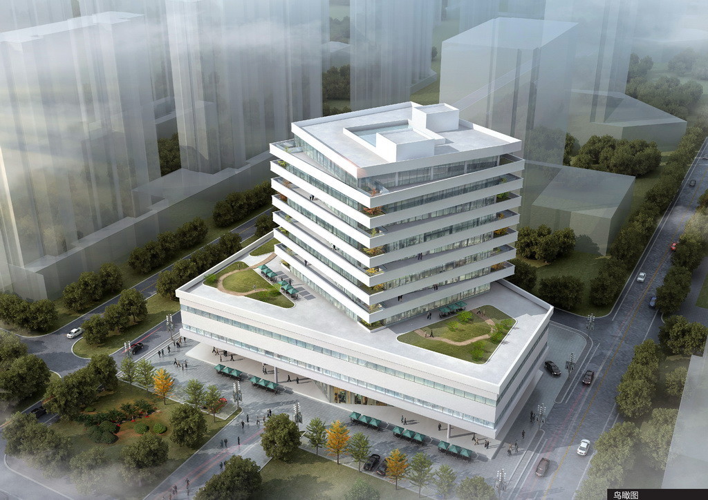 本项目位于山东德州市,建筑面积2.5万平米。此基地具有一定的特殊性,限高50米,东面、南面和北面都有高楼遮挡,且前后距离很近。只有西面具有较开阔视野和西南角有一景观公园等有利因素。为了取得较好视野和景观朝向,塔楼和裙房不得不转动一定的角度,在不影响裙房商业价值的前提下,让塔楼的视野朝向景观非常佳的西面和西南面。但由此产生塔楼西晒问题,为了解决西晒对办公空间的影响,我们在标准的方形塔楼四周悬挑出三角形的露台,上下位置错开,上层露台可以给下层办公空间遮阳。 德州宝林商务办公楼
